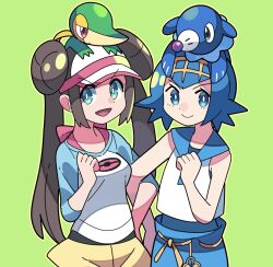 Rule 34 | 2girls, :d, blue eyes, blue hair, blue pants, blue sailor collar, bright pupils, brown hair, closed mouth, commentary request, creatures (company), double bun, doughnut hair bun, game freak, gen 5 pokemon, gen 7 pokemon, green background, green eyes, hair bun, hairband, highres, lana (pokemon), locked arms, multiple girls, nintendo, no sclera, on head, one-piece swimsuit, open mouth, pants, pokemon, pokemon (creature), pokemon bw2, pokemon on head, pokemon sm, popplio, raglan sleeves, rosa (pokemon), sailor collar, shirt, short hair, shorts, simple background, sleeveless, sleeveless shirt, smile, snivy, sutokame, swimsuit, swimsuit under clothes, twintails, visor cap, white pupils, white shirt, yellow hairband, yellow shorts
