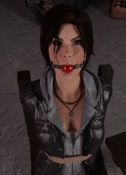 Rule 34 | 1girl, 3d, arms behind back, ball gag, bdsm, bondage, bound, breasts, brown eyes, brown hair, gag, gagged, iorel-renders, jewelry, lara croft, looking at viewer, necklace, tied to chair, tomb raider