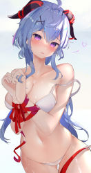 Rule 34 | 1girl, :p, absurdres, ahoge, bikini, blue hair, blush, bound, bound wrists, breasts, cleavage, collarbone, ganyu (genshin impact), genshin impact, goat horns, hair ornament, heart, highres, horns, large breasts, long hair, looking at viewer, navel, open mouth, red ribbon, revision, ribbon, shiny skin, skindentation, solo, spoken heart, strap slip, swimsuit, thigh gap, thighs, tongue, tongue out, usagi poi, white bikini, x hair ornament