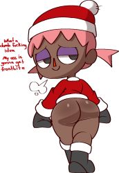 Rule 34 | 1girl, aliasing, animal crossing, ass, black eyes, black footwear, black gloves, boots, bottomless, breath, christmas, closed mouth, cold, dark-skinned female, dark skin, embarrassed, english text, eyeshadow, female focus, from behind, full body, fur-trimmed boots, fur-trimmed footwear, fur-trimmed headwear, fur-trimmed shirt, fur trim, gloves, half-closed eyes, hat, highres, long sleeves, looking back, looking to the side, low twintails, makeup, nintendo, pink hair, pom pom (clothes), profanity, puff of air, purple eyeshadow, red hat, red shirt, santa costume, santa hat, shiny skin, shirt, short hair, simple background, smile, solo, standing, talking, twintails, vilepluff, villager (animal crossing), walking, white background, wide hips