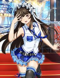 Rule 34 | 00s, 1girl, bare legs, black thighhighs, blouse, blue necktie, breasts, brown eyes, brown hair, collared shirt, female focus, frilled thighhighs, frills, highres, idol, ikkitousen, long hair, looking at viewer, maid headdress, necktie, open mouth, plaid necktie, shiny skin, shirt, skirt, sleeveless, sleeveless shirt, small breasts, smile, solo, sweat, ten&#039;i (ikkitousen), thighhighs, very long hair, white shirt