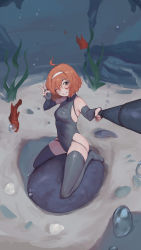 Rule 34 | 1girl, absurdres, antenna hair, armpits, bare shoulders, black gloves, black one-piece swimsuit, black thighhighs, bob cut, boulder, breasts, brown eyes, brown hair, bubble, commentary, elbow gloves, english commentary, fingerless gloves, fish, full body, gloves, grin, hairband, halterneck, head tilt, highres, kelp, kneeling, on ground, one-piece swimsuit, one eye closed, original, rock, rou (rou22), sand, selfie, selfie stick, small breasts, smile, solo, swimsuit, thighhighs, underwater, v, white hairband