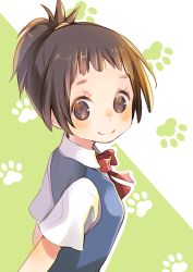 Rule 34 | 1girl, blue vest, blush, brown eyes, brown hair, closed mouth, collared shirt, commentary request, from side, green background, kuga tsukasa, looking at viewer, looking to the side, neck ribbon, original, outline, paw print, red ribbon, ribbon, shirt, smile, solo, upper body, vest, white outline, white shirt, wing collar