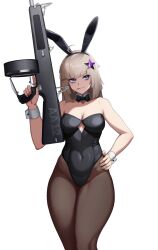 Rule 34 | 1girl, aa-12, aa-12 (girls&#039; frontline), ahoge, animal ears, automatic shotgun, black leotard, blonde hair, blue eyes, breasts, candy, cero (last2stage), cleavage, combat shotgun, commission, covered navel, detached collar, fake animal ears, food, food in mouth, girls&#039; frontline, gun, hair ornament, hand on own hip, hand up, highres, holding, holding weapon, leotard, lollipop, long hair, medium breasts, pantyhose, playboy bunny, rabbit ears, revision, shotgun, smile, solo, star (symbol), star hair ornament, thick thighs, thighs, trigger discipline, weapon
