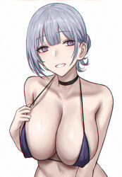 Rule 34 | 1girl, bare arms, bare shoulders, black choker, blush, breasts, choker, cleavage, collarbone, girls&#039; frontline, grey hair, highres, large breasts, looking at viewer, purple eyes, rpk-16 (girls&#039; frontline), selcky, sideboob, simple background, smile, solo, upper body, white background