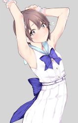 Rule 34 | 1girl, armpits, arms up, back bow, bare shoulders, blue bow, blush, bow, bowtie, commentary, cowboy shot, dress, embarrassed, flying sweatdrops, grey eyes, grey hair, hair ornament, idolmaster, idolmaster cinderella girls, looking at viewer, otokura yuuki, remora180, short hair, simple background, sleeveless, sleeveless dress, solo, white dress, frilled wristband