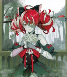 Rule 34 | 1girl, absurdres, ahoge, bandaged arm, bandages, black bow, bow, colored skin, dress, graveyard, grey hair, grey skin, hair bow, heterochromia, highres, hololive, hololive indonesia, indonesian commentary, kureiji ollie, multicolored hair, pink hair, red bow, red eyes, red hair, smile, solo, stitched arm, stitched face, stitched torso, stitches, torn clothes, torn dress, virtual youtuber, war bear, wrist bow, yellow eyes, zombie