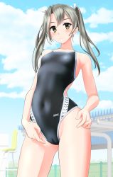 Rule 34 | 1girl, absurdres, arena (company), black one-piece swimsuit, blue sky, breasts, brown eyes, cameltoe, cloud, collarbone, competition swimsuit, covered navel, cowboy shot, grey hair, hair ribbon, highres, kantai collection, logo, long hair, looking at viewer, one-piece swimsuit, ribbon, sky, small breasts, smile, solo, swimsuit, takafumi, twintails, white ribbon, zuikaku (kancolle)
