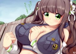 Rule 34 | 1girl, arm between breasts, artist name, badge, between breasts, blue sky, blunt bangs, blush, breasts, brown hair, cleavage, closed mouth, collarbone, commentary request, day, fence, flower, gochuumon wa usagi desu ka?, green eyes, hair flower, hair ornament, halterneck, jacket, large breasts, long sleeves, looking at viewer, off shoulder, outdoors, psychopath idiot, sky, smile, solo, translation request, tree, twintails, ujimatsu chiya, upper body, white flower, white jacket