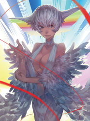 Rule 34 | 10s, 1girl, bare shoulders, blue eyes, breasts, cleavage, club3, dress, eyebrows, kill la kill, kiryuuin ragyou, large breasts, life fiber, long hair, looking at viewer, mature female, rainbow, smile, solo, string, white dress, white hair