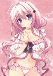 Rule 34 | 1girl, absurdres, blush, bow, bracelet, braid, breasts, cleavage, closed mouth, collar, collarbone, frills, hair bow, hair ornament, hand up, head tilt, highres, jewelry, long hair, looking at viewer, medium breasts, nanaroba hana, navel, original, panties, pink hair, puffy short sleeves, puffy sleeves, purple eyes, scan, shiny skin, short sleeves, simple background, solo, stomach, underwear