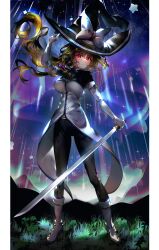 Rule 34 | 1girl, absurdres, alternate costume, aurora, belt, black hat, black pants, blonde hair, bow, braid, breasts, closed mouth, coat, commentary, grass, hand on headwear, hat, hat bow, highres, holding, holding sword, holding weapon, kirisame marisa, large breasts, long hair, looking at viewer, mountainous horizon, outdoors, pants, red eyes, side braid, single braid, sky, smile, solo, star (sky), star (symbol), starry sky, sword, touhou, weapon, white bow, white coat, white footwear, yomatsuri (festival night)