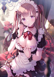 Rule 34 | 1girl, apron, bandaid, black dress, blurry, blurry foreground, blush, bow, bowtie, breasts, brown hair, cleavage, closed mouth, clothes pull, cross hair ornament, dengeki moeou, dress, dress pull, earrings, flower, hair ornament, hair ribbon, hairclip, highres, holding bandaid, indoors, jewelry, kappe reeka, large breasts, long hair, looking at viewer, maid, maid apron, maid headdress, official art, on chair, purple eyes, red bow, red flower, red ribbon, red rose, ribbon, rose, single earring, sitting, sunlight, twintails, vase