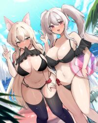 Rule 34 | 2girls, absurdres, animal ear fluff, animal ears, ball, beachball, bikini, black bikini, black thighhighs, blue sky, blush, breasts, brown eyes, cleavage, cloud, day, frilled bikini, frills, hand on own thigh, highres, holding, holding ball, holding beachball, korean commentary, large breasts, long hair, looking at viewer, mindoll, mouth hold, multiple girls, navel, o-ring, o-ring bikini, ocean, original, outdoors, palm leaf, sky, smile, standing, swimsuit, thighhighs, twintails, v, very long hair, white hair