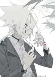 Rule 34 | 1boy, ahoge, artist name, blue eyes, collared shirt, commentary, english commentary, grey jacket, halo, hands up, highres, jacket, kaltespur, long sleeves, monocle, open clothes, open jacket, original, profile, shirt, short hair, smile, solo, upper body, white hair, white shirt