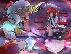 Rule 34 | 2girls, ascot, blonde hair, commentary request, crossed legs, drum, drumsticks, ebizome, fangs, flandre scarlet, full moon, gem, glowing, glowing eyes, hat, hat ribbon, holding, horikawa raiko, instrument, laevatein, lightning, long sleeves, looking at another, mob cap, moon, multiple girls, open mouth, puffy short sleeves, puffy sleeves, red eyes, red moon, red ribbon, ribbon, short hair, short sleeves, side ponytail, sideways mouth, sitting, smile, taiko drum, touhou, white hat, yellow ascot