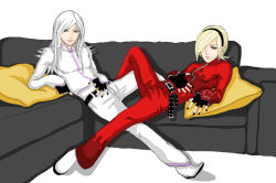 Rule 34 | 2boys, androgynous, ash crimson, blonde hair, blue eyes, couch, fingerless gloves, freckles, gloves, hair over one eye, hairband, male focus, multiple boys, nail polish, pillow, saiki (kof), simple background, sitting, smile, snk, the king of fighters, trap, white background, white hair