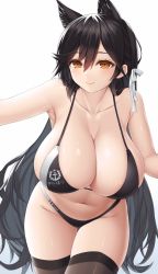 Rule 34 | 1girl, absurdres, animal ears, asamura hiori, atago (azur lane), atago (stunning speedster) (azur lane), azur lane, bikini, black bikini, black hair, black thighhighs, blush, bow, breasts, brown eyes, cleavage, closed mouth, collarbone, commentary request, company name, gradient background, hair bow, highleg, highleg bikini, highres, large breasts, leaning forward, lips, logo, long hair, looking at viewer, mole, mole under eye, navel, shiny clothes, shiny skin, simple background, smile, solo, stomach, swimsuit, thighhighs, thighs, white background