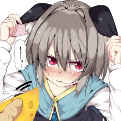 Rule 34 | 1girl, animal ears, arms up, blush, brown hair, capelet, cheese, closed mouth, commentary request, food, hair between eyes, hair intakes, holding, holding ears, holding food, jewelry, lolimate, long sleeves, looking away, looking to the side, motion lines, mouse ears, nazrin, nose blush, pendant, pink eyes, short hair, simple background, skirt, solo focus, speech bubble, sweat, touching ears, touhou, white background
