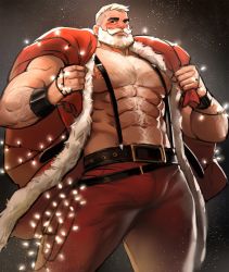 Rule 34 | 1boy, abs, arm hair, bara, bare pectorals, beard, belt, blush, brown belt, bulge, chest hair, christmas, dopey (dopq), facial hair, feet out of frame, fur-trimmed jacket, fur trim, highres, jacket, large pectorals, looking at viewer, male focus, mature male, muscular, muscular male, mustache, navel, navel hair, nipples, no shirt, old, old man, open clothes, open jacket, original, pants, pectorals, red jacket, red pants, santa claus, santa costume, short hair, sideburns, solo, standing, stomach, thick eyebrows, thick thighs, thighs, undercut