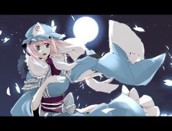Rule 34 | 1girl, alternate eye color, aqua eyes, bad id, bad pixiv id, female focus, full moon, hat, heterochromia, highres, letterboxed, long sleeves, moon, night, obi, open mouth, outstretched arms, pink hair, red eyes, saigyouji yuyuko, sash, short hair, sky, solo, touhou, tp65pxu4, triangular headpiece, wide sleeves