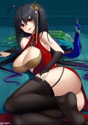 Rule 34 | 1girl, azur lane, bird, black hair, black thighhighs, blush, breasts, cleavage, cleavage cutout, clothing cutout, dress, hair between eyes, hair ornament, highres, large breasts, long hair, looking at viewer, lying, official alternate costume, on floor, on side, peacock, red dress, red eyes, smile, solo, taihou (azur lane), taihou (phoenix&#039;s spring song) (azur lane), thighhighs, twitter username, yorugami rei