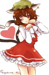 Rule 34 | 1girl, ;), animal ears, arms up, artist name, bow, brown hair, cat ears, cat tail, chen, dress, earrings, hat, heart, heart tail, jewelry, long sleeves, looking at viewer, mob cap, multiple tails, nonoko (capsule-nnk), one eye closed, orange eyes, paw pose, red dress, short hair, smile, solo, tabard, tail, thighs, touhou