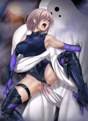 Rule 34 | 1boy, 1girl, ahoge, armor, armored boots, bare shoulders, black leotard, boots, breastplate, breasts, censored, clothed sex, cyclone (reizei), elbow gloves, fate/grand order, fate (series), gloves, hair over one eye, hetero, highleg, highleg leotard, highres, homunculus, large breasts, leotard, light purple hair, mash kyrielight, monster, mosaic censoring, open mouth, penis, purple eyes, purple gloves, pussy, rape, restrained, reverse suspended congress, sex, sex from behind, short hair, spread legs, thigh strap, thighhighs, thighs, vaginal