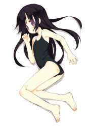 Rule 34 | 1girl, ass, barefoot, black hair, competition school swimsuit, feet, flat chest, full body, long hair, lying, meito (maze), one-piece swimsuit, original, purple eyes, school swimsuit, solo, swimsuit