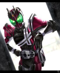 Rule 34 | 1boy, absurdres, armor, backlighting, black armor, commentary, compound eyes, decadriver, driver (kamen rider), english commentary, forehead jewel, green eyes, hand on own hip, highres, kamen rider, kamen rider dcd, kamen rider decade, letterboxed, pink armor, reiei 8, rider belt, shoulder armor, solo, upper body