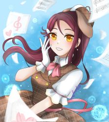 Rule 34 | 1girl, artist name, artist request, blush, bow, bowtie, breasts, brown eyes, brown hat, brown skirt, buttons, detective, detective hat, earrings, female focus, floating hair, galaxyplums, gloves, hair between eyes, hat, heart, heart (symbol), highres, jewelry, long hair, looking at viewer, love live!, love live! sunshine!!, miniskirt, musical note, paper, parted lips, pink bow, pink ribbon, plaid, plaid skirt, pleated, pleated skirt, puffy short sleeves, puffy sleeves, red hair, ribbon, sakurauchi riko, short sleeves, skirt, small breasts, smile, solo, treble clef, white gloves, wing collar, yellow eyes
