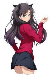 Rule 34 | 1girl, absurdres, ass, black hair, black skirt, blue eyes, bow, breasts, closed mouth, commentary request, cropped legs, fate/stay night, fate (series), hair bow, hand up, highres, long hair, long sleeves, medium breasts, miniskirt, nishizuki shino, pleated skirt, red shirt, shirt, simple background, skirt, tohsaka rin, two side up, white background