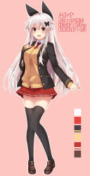 Rule 34 | 1girl, :d, black jacket, black thighhighs, blazer, blush, brown background, brown cardigan, brown footwear, butterfly hair ornament, cardigan, character name, character profile, collared shirt, color guide, etna (kuzuyu), full body, hair between eyes, hair ornament, highres, jacket, komori kuzuyu, loafers, long hair, long sleeves, looking at viewer, necktie, open clothes, open jacket, open mouth, original, outline, pleated skirt, red eyes, red necktie, red skirt, shirt, shoes, silver hair, simple background, skirt, sleeves past wrists, smile, solo, standing, thighhighs, translation request, very long hair, white outline, white shirt
