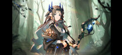 Rule 34 | 1girl, absurdres, arknights, belt, black bag, black belt, black dress, blue ribbon, blurry, bracelet, brown hair, chinese commentary, commentary, demon horns, dress, earrings, flower, forehead jewel, forest, full body, grey eyes, hair flower, hair ornament, highres, holding, holding staff, holding weapon, horns, huajiaohaibao, jewelry, leaf, long hair, long sleeves, mole, mole under mouth, nature, pointy ears, rainbow background, ribbon, simple background, staff, standing, sunlight, tree, valarqvin (arknights), weapon, white flower