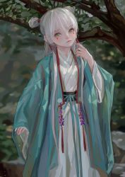 Rule 34 | 1girl, black sash, blue ribbon, blurry, blurry background, branch, chinese clothes, closed mouth, depth of field, double bun, facial mark, fkey, green eyes, grey hair, hair bun, hand up, highres, long hair, long sleeves, looking at viewer, original, outdoors, ribbon, sash, sleeves past wrists, solo, tree, under tree