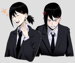 Rule 34 | 1girl, anger vein, black eyes, black hair, black necktie, chainsaw man, clenched teeth, closed eyes, commentary, formal, francisco mon, hair ornament, hairclip, higashiyama kobeni, highres, mole, mole on cheek, mole under eye, mole under mouth, multiple moles, necktie, open mouth, out of character, ponytail, short ponytail, single sidelock, smile, suit, teeth