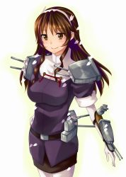 Rule 34 | 10s, 1girl, arios (orochi yuta), ashigara (kancolle), blush, breasts, brown eyes, brown hair, cannon, cherry blossoms, elbow gloves, gloves, hair ornament, hairband, highres, kantai collection, long hair, pantyhose, personification, petals, skirt, solo, turret, white gloves, white pantyhose