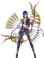 Rule 34 | 1girl, arrow (projectile), artemis (phantom of the kill), blue eyes, blue hair, blush, bow (weapon), breasts, center opening, cleavage, full body, gloves, hair between eyes, jewelry, matching hair/eyes, multicolored hair, necklace, official art, partially fingerless gloves, phantom of the kill, simple background, solo, two-tone hair, weapon, white background