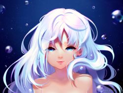 Rule 34 | 1girl, air bubble, artist name, blue eyes, bubble, closed mouth, collarbone, female focus, highres, hyanna-natsu, long hair, looking at viewer, original, pink lips, portrait, silver hair, smile, solo, topless frame, underwater, water, wavy hair