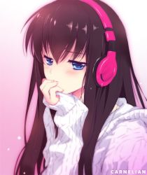Rule 34 | 1girl, aran sweater, artist name, blue eyes, blush, brown hair, cable knit, carnelian, gradient background, headphones, original, pink background, solo, sweater