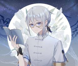 Rule 34 | 1boy, bishounen, blue eyes, book, chinese clothes, closed mouth, fate/grand order, fate (series), floral background, flower, hair between eyes, highres, holding, holding book, lily (flower), looking at viewer, male focus, open book, ponytail, prince of lan ling (eastern socialite attire) (fate), prince of lan ling (fate), rin cat, smile, solo, tangzhuang, upper body, white hair, wrist cuffs