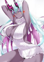 Rule 34 | 1girl, aqua hair, armpits, arms behind head, arms up, backless dress, backless outfit, bare shoulders, blush, breasts, cleavage, cleavage cutout, clothing cutout, dark-skinned female, dark skin, dress, earrings, eyeliner, fate/grand order, fate (series), highres, horns, ibuki douji (fate), jewelry, kawabata yoshihiro, large breasts, long hair, looking at viewer, makeup, multicolored hair, oni, oni horns, pink eyes, pink hair, sidelocks, slit pupils, smile, solo, sweater, sweater dress, tail, thighs, turtleneck