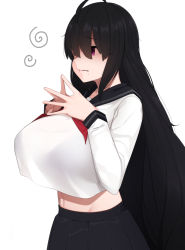 Rule 34 | 1girl, black hair, bra visible through clothes, breasts, fingers together, hair over eyes, large breasts, long hair, navel, original, parted lips, pleated skirt, purple eyes, school uniform, senju (snz0), serafuku, simple background, skirt, solo, white background