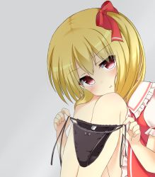 Rule 34 | 1girl, :t, bad id, bad pixiv id, black panties, blonde hair, blush, bow, bow panties, commentary, feet out of frame, flandre scarlet, frilled shirt collar, frilled skirt, frills, grey background, hair bow, head on knees, holding, holding clothes, holding panties, holding underwear, jitome, knees up, looking at viewer, medium hair, no headwear, one side up, panties, unworn panties, pout, presenting removed panties, puffy short sleeves, puffy sleeves, red bow, red eyes, red skirt, red vest, short sleeves, side-tie panties, simple background, sitting, skirt, solo, touhou, underwear, vest, yukina kurosaki
