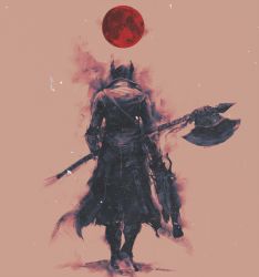 Rule 34 | 1other, bloodborne, coat, commentary, english commentary, from behind, gun, halberd, hat, highres, holding, holding gun, holding polearm, holding weapon, hunter (bloodborne), moon, musket, polearm, red moon, red theme, shimhaq, solo, walking, weapon