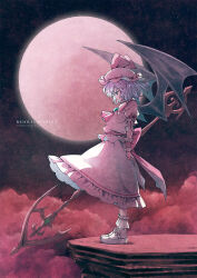 Rule 34 | 1girl, back bow, bat wings, bobby socks, bow, brooch, character name, cloud, copyright name, footwear bow, from side, full body, full moon, hat, hat ribbon, highres, holding, holding weapon, jewelry, medium hair, mob cap, moon, night, outdoors, pink bow, pink hat, pink shirt, pink skirt, polearm, red bow, red ribbon, remilia scarlet, ribbon, satyuas, shirt, short sleeves, skirt, sky, socks, solo, spear, spear the gungnir, star (sky), starry sky, touhou, weapon, white footwear, white socks, wings, wrist cuffs