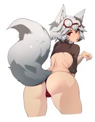 Rule 34 | 1girl, animal ears, ass, eyewear on head, from behind, glasses, grey hair, highres, looking at viewer, looking back, open mouth, original, panties, red eyes, red panties, short hair, simple background, slugbox, solo, striped clothes, striped panties, tail, underwear, white background