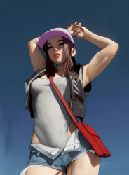 Rule 34 | 1girl, armpits, arms behind head, arms up, bag, baseball cap, blue background, bookbag, breasts, brown hair, commentary, cowboy shot, creatures (company), cutoffs, diathorn, female focus, game freak, gradient background, hat, highres, hilda (pokemon), leotard, lips, medium breasts, nintendo, open fly, pokemon, pokemon bw, realistic, short shorts, shorts, simple background, small breasts, solo, standing, sweat, thighs