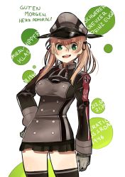 Rule 34 | 10s, 1girl, :d, anchor, black skirt, black thighhighs, blonde hair, blush, cross, german text, gloves, green eyes, grey gloves, hair between eyes, hand on own hip, hat, highres, iron cross, kantai collection, long sleeves, looking at viewer, melonenbrot, military, military hat, military uniform, miniskirt, open mouth, peaked cap, pleated skirt, prinz eugen (kancolle), skirt, smile, solo, thighhighs, translated, twintails, uniform