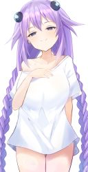 Rule 34 | 1girl, absurdres, alternate costume, arm behind back, bare shoulders, bimmy, blue eyes, blush, braid, cowboy shot, hair between eyes, hand on own chest, head tilt, headgear, highres, long hair, looking at viewer, naked shirt, neptune (neptunia), neptune (series), off shoulder, power symbol, power symbol-shaped pupils, purple hair, purple heart (neptunia), shirt, simple background, smug, solo, symbol-shaped pupils, twin braids, twintails, very long hair, white background, white shirt